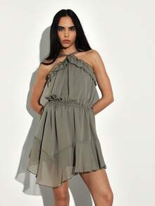 KSTM Asymmetric Chiffon Mini Dress With Ruffle Details And Halter Neck For Summer Date Night Party - Green - View 4