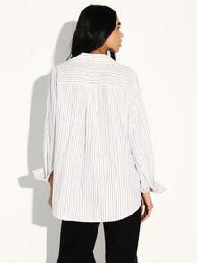 KSTM Regular Women's Oversized Pinstriped Button Down Blouse Long Sleeve Professional Office Shirt Classic Collar Work Top - Black and White - View 2