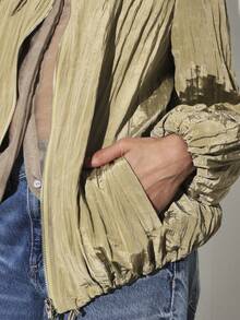 KSTM Metallic Gold Pleated Light Bomber Jacket For Women Fall Winter Fashion Zip Up Track Style Cropped Outerwear - Green - View 6