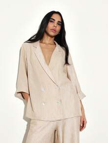 KSTM Women's Textured Double-Breasted Lightweight Blazer With Pearl Buttons And Relaxed Fit - Apricot - View 1