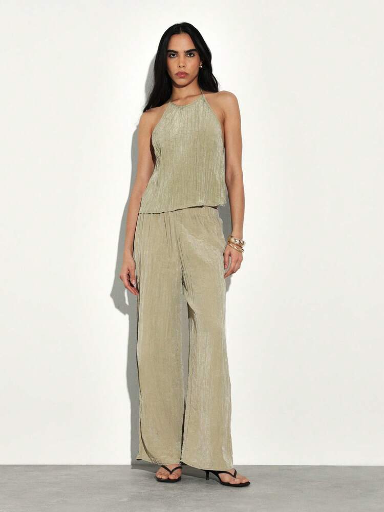 KSTM Women's Sage Green Crinkled Halter Top And Wide Leg Palazzo Pants Two Piece Coordinated Summer Outfit Set Casual Lounge Wear