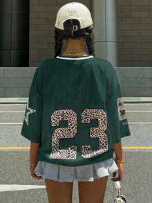 Muchica 女士绿色网眼拼接豹纹数字T恤 - 綠色 - 查看 2