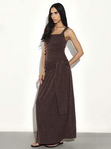 系带方领吊带式长款连衣裙，侧边系带设计，及地长裙，休闲夏季晚装 - 棕色 - 查看 3