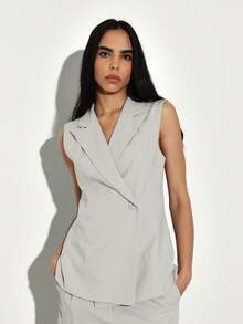 KSTM Sleeveless Double Breasted Blazer Vest With Notched Lapels And Side Button Closure For Professional Workwear - Grey - View 4