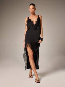 AiiRZ 优雅蕾丝边吊带露背长裙，深V领口和高开衩设计，适合晚宴场合 - 黑色 - 查看 5