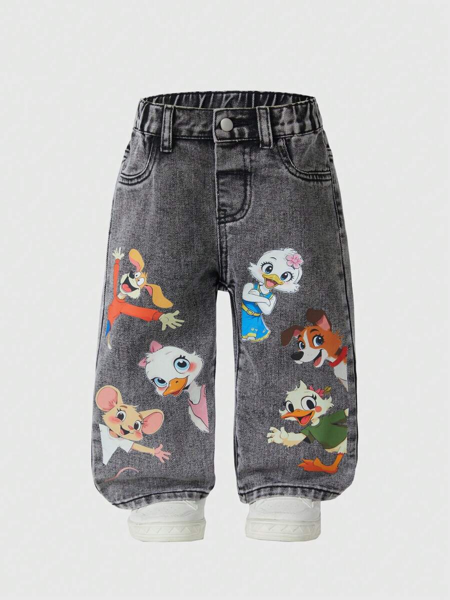 SHEIN Playful Pals Toddler Girls' Casual Loose Fit Straight Leg Jeans With Cute Animal Print, Versatile Daily Wear & Back To School, Summer - Light Grey - View 1