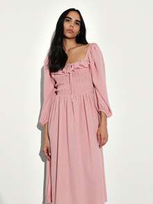 KSTM Smocked Square Neck Midi Dress With Puff Sleeves And Ruffle Details For Spring Summer Casual Feminine Style - Dusty Pink - View 4