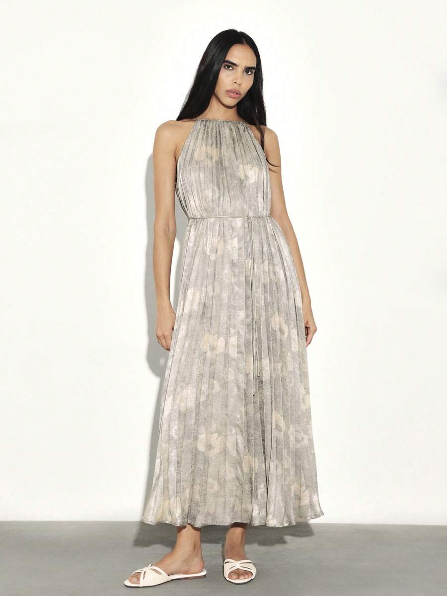 KSTM 褶裥吊带长裙，后背系带设计，腰部收褶，适合晚宴、婚礼宾客等场合。 - 彩色 - 查看 1