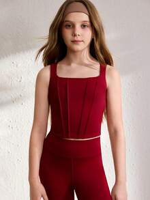 SHEIN 2 Stücke Aktivbekleidung Set für Tween-Mädchen, bestehend aus einem nahtlosen Paneel-Crop-Top und hochgeschnittener Schlaghose. Gefertigt aus wolkengleichem gestricktem Stoff mit hervorragender Dehnbarkeit und Formbeständigkeit, ideal für Joggen, Radfahren und vielseitige Fitnessstudio-Workouts - Bordeaux - Übersicht 6