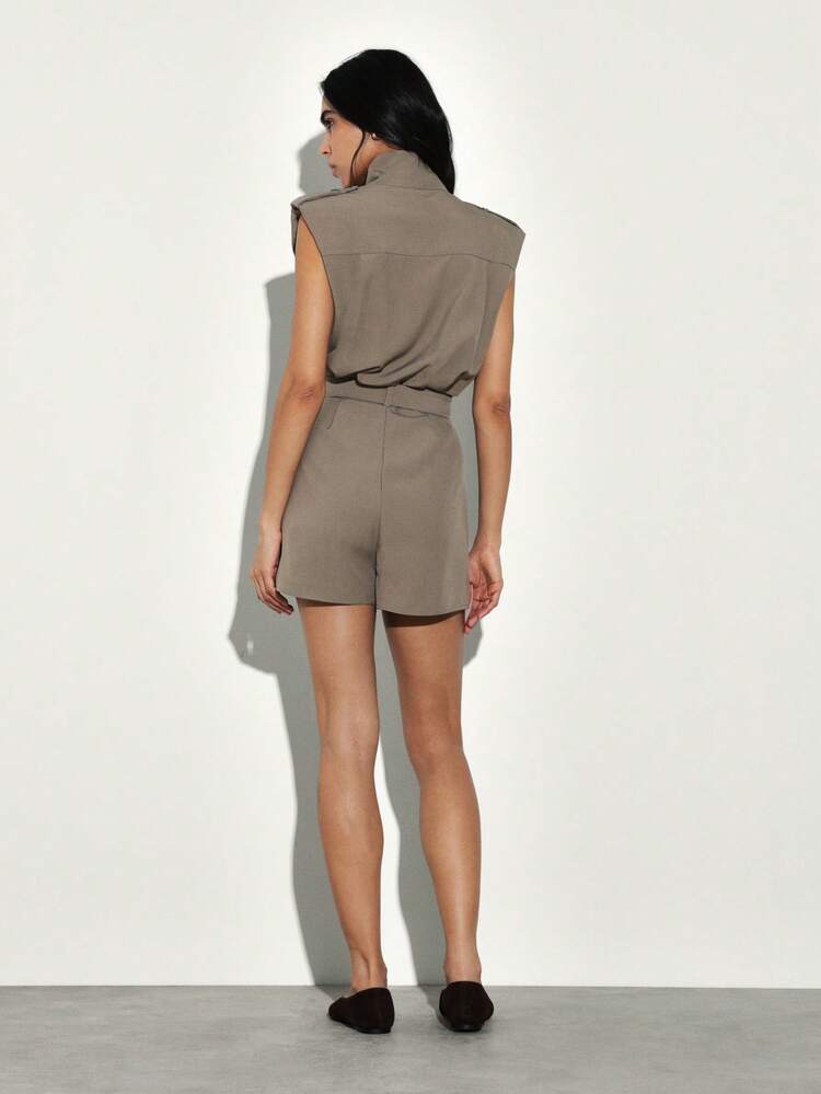 KSTM Sleeveless Mock Neck Belted Utility Short Jumpsuit With Draped Front And High Collar Detail For Women