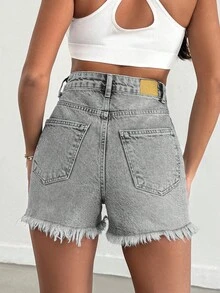 EURMUSE 100%Cotton Mini Heavy Destroy Short With Back Label Detail - Grey - View 2