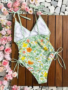 Swim Vcay Women Criss-Cross Bowknot Spaghetti Strap Deep V-Neck One-Piece Swimsuit,Green Floral White Floral,Summer,Boho,Holiday,Vacation,Holiday Retro Fit - Multicolor - View 9