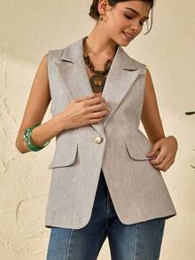 Bóhologie Gold Button Detailed Linen Fabric Lightweight Blazers - Grey - View 1