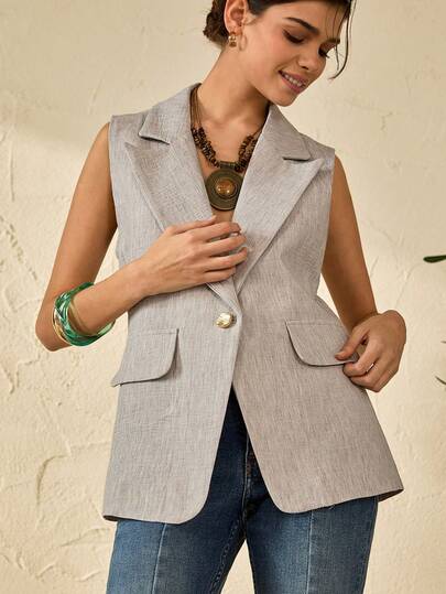 Bóhologie Gold Button Detailed Linen Fabric Lightweight Blazers