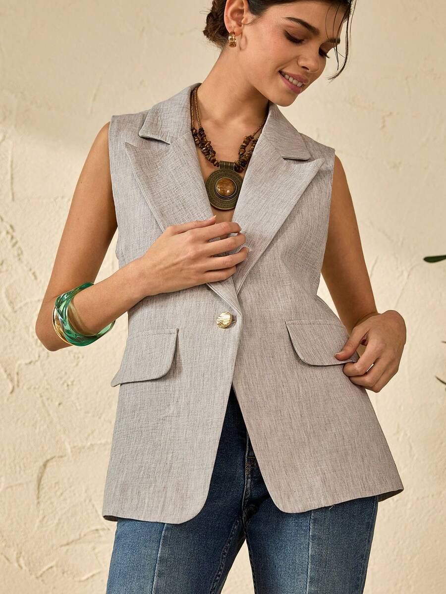 Bóhologie Gold Button Detailed Linen Fabric Lightweight Blazers - Grey - View 1