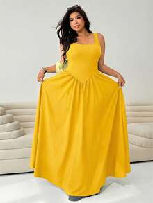 Solflare Yellow Plus Size Sleeveless Dress, Summer Dresses - Yellow - View 4