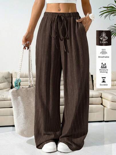 Solflare Chocolate Brown Linen Casual Plus Size Pants, Spring/Summer Resort Style,For Daily Commute,Date, Commute, Party,Fall /Autumn/Winter/Summer,Christmas,New Year,Thanksgiving,Beach,Graduati,Chic,Elegant,Casual,Going Out,Date,Appointment,Commute,Shining,Valentine's Day,Elegant ,Vacation,Casual,Y2k,Going Out,Graduation  Hawaiian  Vacation , Beach, Dinner Boho Pants For Women Beach Pants For Women Loose Pants For Women Elastic Waist Pants For Women Drawstring Pants For Women Women Summer Pants Women Wi