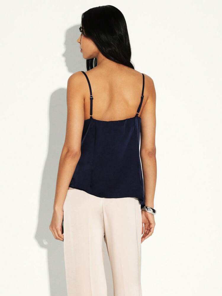 KSTM Asymmetric Draped Cowl Tank Top With Strappy Back Detail Navy Sleeveless Cami