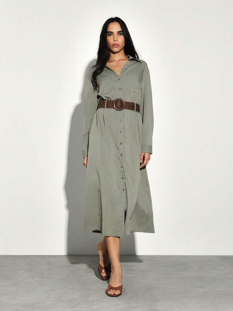 KSTM Button Front Midi Shirt Dress With Collar And Long Sleeves For Casual Work Office Wear Fall Winter