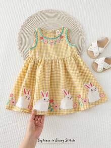 Cozy Pixies Baby Girl Floral & Plaid Pattern Cute Rabbit Cartoon Embroidered Round Neck Sleeveless Waist Dress, Sweet & Lovely Countryside Style Suitable For Outings, Vacation, Casual, Party Bunny Dress For Baby Girl Cotton Baby Dress - Yellow - View 7