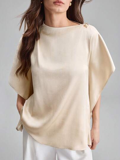 Ontre 2026SS Women's Apricot Blouse, Comfortable Soft Woven Fabric, Short Sleeve, Metal Button, Loose Fit, Modern Urban Chic Business Casual Office Wear, High-Quality Airport/Cruise Ship Attire, Elegant Wedding Guest Outfit, Minimalist Luxurious Feel, Versatile For All Seasons