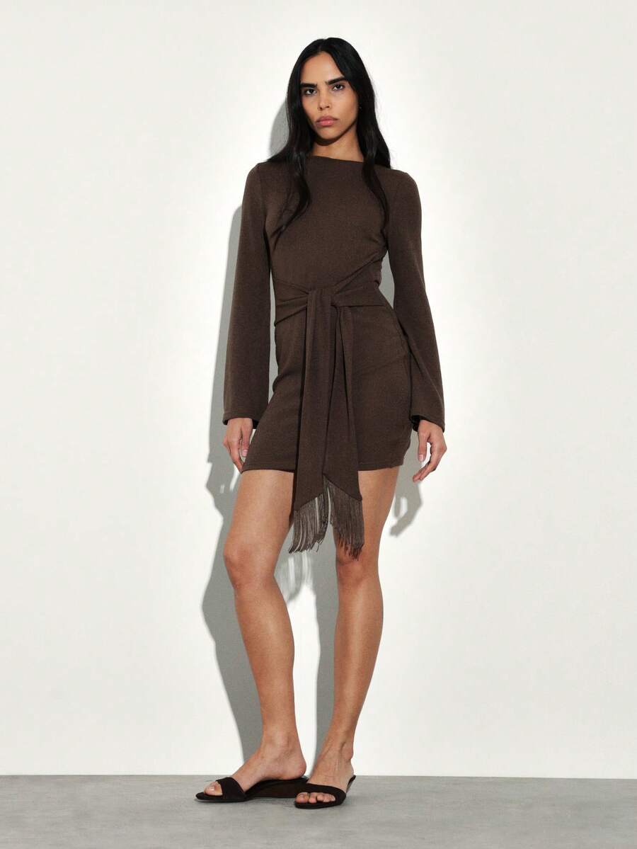 KSTM Ribbed Long Sleeve Backless Mini Dress With Fringe Belt Tie Detail For Fall Winter Evening,M