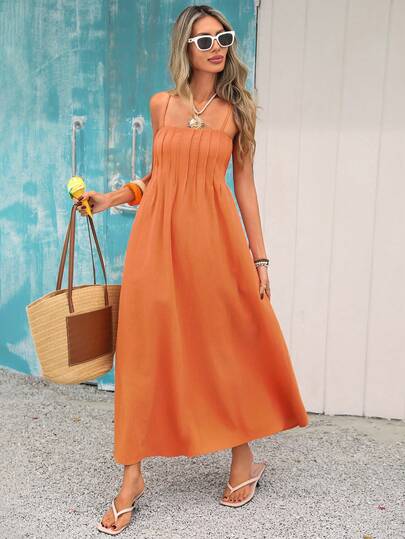 Vivid Eden Women's Casual Solid Color Spaghetti Strap Dress, Summer Outfits, Summer Clothes, Spring Outfit Women ,Spring Dress Women , Beach Vacation Outfits For Women, Going Out Outfits ,Birthday Dress, Holiday Outfits, Orange Dress ,Casual Dresses For Women ,Elegant Dresses For Party