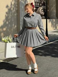 GalTyme 大码格子褶裥下摆休闲/工作连衣裙 - 黑與白 - 查看 4