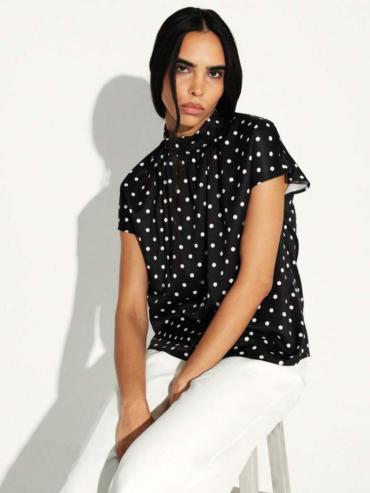 KSTM Polka Dot Mock Neck Short Sleeve Blouse With Keyhole Back Detail Cap Sleeve Satin Top