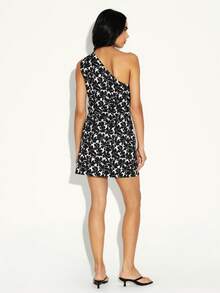 KSTM Women Asymmetric One Shoulder Mini Dress Black White Floral Print Sleeveless Bodycon Party Summer Evening Outfit - Black and White - View 2