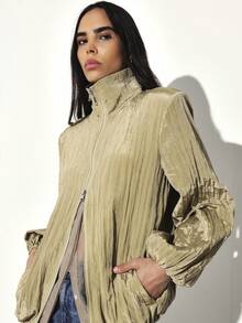 KSTM Metallic Gold Pleated Light Bomber Jacket For Women Fall Winter Fashion Zip Up Track Style Cropped Outerwear - Green - View 5