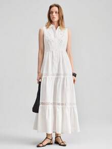Ontre Vestido sin mangas de verano casual para mujer con parches de encaje de unicolor - Blanco - Ver 4