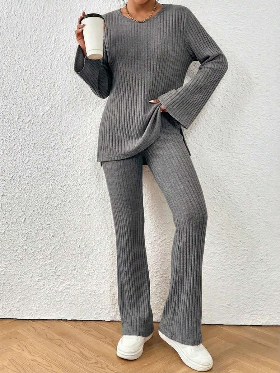 Cloudara Cotton Knitted T-Shirt And Pants Set With Split Cuffs And Hem Ribbed Detail - Grey - View 1
