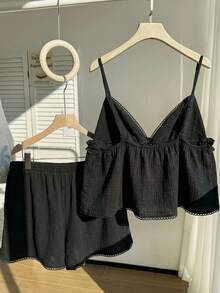 Comfortcana Plus Size Women Summer Casual Vacation Solid Color Textured Fabric Lace Trim Babydoll Cami Top And Shorts Set - Black - View 2
