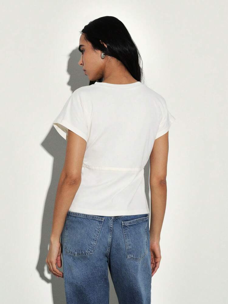 KSTM Women's Drawstring Waist T-Shirt With Short Sleeves Casual Relaxed Fit Top Summer Spring Everyday Wear