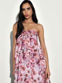 KSTM Strapless Bandeau Tiered Ruffle Floral Print Maxi Dress With Layered Feminine Silhouette For Spring Summer Occasions - Multicolor - View 4