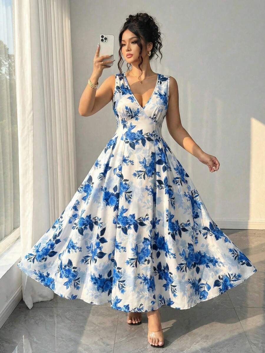Elenzga Plus Size Women's Elegant Floral Print V-Neck Sleeveless Waist Cinched A-Line Dress, Early Spring Garden Party Formal Dress Blue And White Floral Dress Prom - Blue - View 1