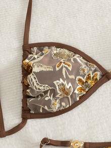 Swim Vcay 新款女士优雅奢华 Y2K 辣妹风两件式比基尼套装，巧克力棕色薄纱三角上衣，饰有手工刺绣花卉和金色亮片豹纹印花，正面金色圆环装饰，高腰性感泳裤侧边饰有圆环，复古迪斯科魅力风格泳装，完美适用于夏季海滩度假、泳池派对、游艇出游、夜间活动和节日盛装。 - 棕色 - 查看 6