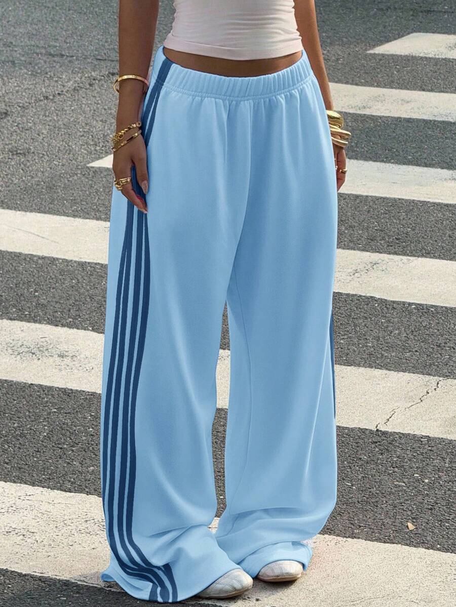 SHEIN Muchic Light Blue Knit Patchwork With Navy Ribbon Casual Wide Leg Sweatpants For Women - Baby Blue - View 1