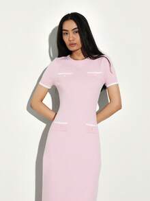 KSTM Vestido de punto de cuello redondo con detalles de contraste, vestido de punto midi de manga larga para uso casual en otoño e invierno - Rosa - Ver 4