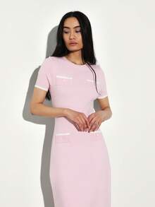 KSTM Vestido de punto de cuello redondo con detalles de contraste, vestido de punto midi de manga larga para uso casual en otoño e invierno - Rosa - Ver 6