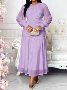 SHEIN Lady CURVE Plus Size Elegant Party Purple  Ruched Waist Dress Summer Dress Spring Dress - Purple - View 3