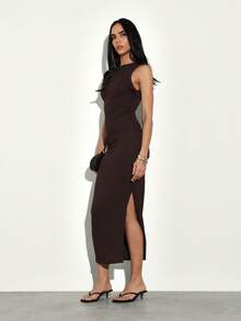 KSTM Elegant Draped One Shoulder Midi Dress With Side Slit For Evening Occasions - Brown - View 3