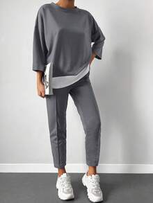 Cottnline Drop Shoulder 2 In 1 Tee & Seam Detail Sweatpants - Grey - View 6