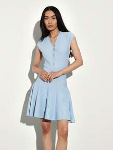 KSTM Ribbed Knit V-Neck Button Front Mini Dress With Tiered Pleated Hem And Cap Sleeves - Blue - View 4