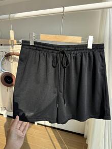 Comfortcana Plus Size Women Solid Color Drawstring Waist Pleated Casual Versatile Daily Shorts - Multicolor - View 4