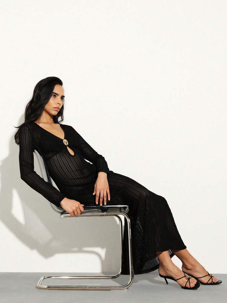 KSTM Long Sleeve Deep V Neck Ribbed Knit Maxi Dress With Keyhole Detail And Body Hugging Silhouette