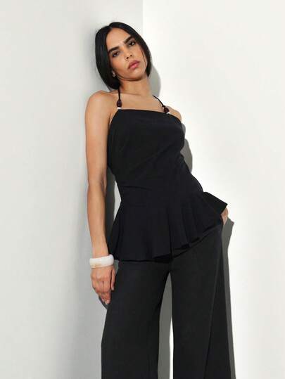 KSTM Women's Asymmetric Peplum Halter Top With Tie Back Detail Perfect For Date Night And Evening Events
