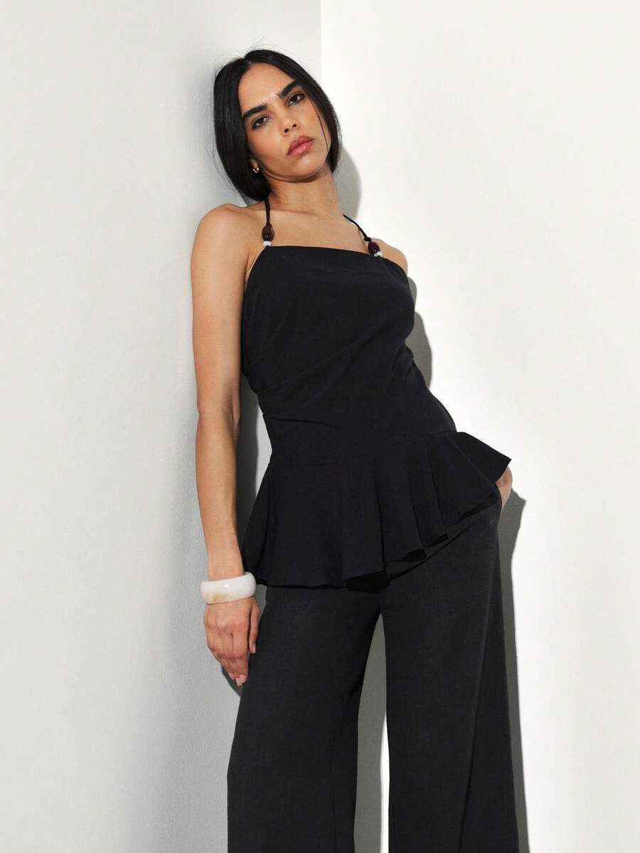 KSTM Women's Asymmetric Peplum Halter Top With Tie Back Detail Perfect For Date Night And Evening Events - Black - View 1
