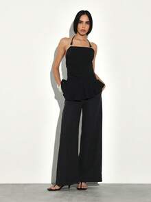 KSTM Women's Asymmetric Peplum Halter Top With Tie Back Detail Perfect For Date Night And Evening Events - Black - View 3